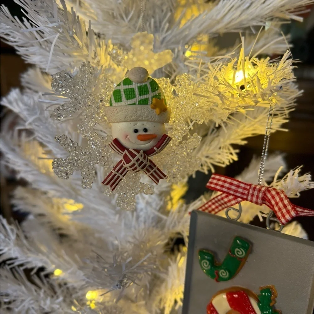 Vintage 1989 Festive Joy Cookie Snowman Ornament with White Christmas Tree Set
